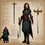 Placeholder: character concept sheet with AD&D statistics and characteristics, [illustration for HELLBOY II the golden army] youthful Julianne Nicholson as a medieval wizard with a long dagger