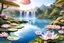 Placeholder: beautiful gardens with lotus flowers on water, white or pink or blue light effects colors, sun, realistic, very detailed, Japanese grass or a moss mat around a peaceful lake, with the forest around and waterfalls in the background of the garden and white or pink mountains, high contrast, 8k, high definition, concept art, sharp focus