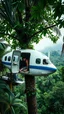 Placeholder: In airplane crashed on a top of tree in the jungle the door of the plane is gone and green leaves surrounding the top of the plane and a man is dead inside the plane you can see him from the broken plane door a far camera view to show the whole plane on the tree