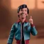 Placeholder: wide view uoung Plastic Fonzie with blackhair toy Action figure doll 1975 (thumbs-up) (face) Forehead grin, fonzarelli, jukebox background, eyes