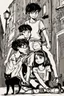 Placeholder: three teenage street children two boys and one girl in book-cover poses on the screen of an old town plus a black cat as a compagnion, comic style