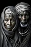 Placeholder: a photo of an Tuareg man and woman with ethnic jewelry, grey hair and grey flowing robe, in style of Annie Leibovitz, contemporary portrait of a mature yet beautiful and modernist, black and grey, detailed face, swirling fluid smokey enigma, award-winning artwork