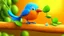 Placeholder: adorable cartoon style, An orange bird perched on a branch surrounded by blue morning glory flowers against a blurred wooden background, 3d render cartoon