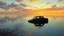 Placeholder: Realistic oil painting of a car submerged in shallow water, reflecting the vibrant colors of the sky, by Thomas Moran and Frederic Edwin Church, (long shot), intricate details of ripples and reflections, peaceful yet eerie atmosphere.