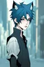Placeholder: Thin androgynous anime character with short and messy midnight blue hair and wolf ears. Loose fitting, gender-neutral goth clothes. bored, aloof, urban background, RWBY animation style