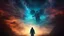 Placeholder: walking straight ahead over a wooden bridge, holding the angel of death with your right hand, entering the fog at the end of the road that leads to the afterlife, and a beautiful sunset and galaxy's behind the fog, realistic