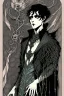 Placeholder: black haired young man necromancer wizard with gothic jewelry and tentacle fingers in the style of Harry Clarke