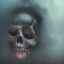 Placeholder: abstract photographic camera mixed with skull in dirty style. fog and smoke in atmosphere. bokeh, lens flare. Dark mood. Dripping paint. oil on canvas, mixed media, high detailed.