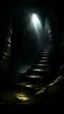 Placeholder: A stair from underground to another room dark creature at the top ,in darkness reigns supreme, swallowing light and casting an eerie gloom. Jagged rocks jut ominously, shadows dancing with unseen creatures. Sinister shapes glide, eyes gleaming in the murky depths. Distant rumblings and creaking sounds fill the water, sending shivers. In this desolate underworld, fear of the unknown pervades every corner, where the slightest movement evokes terror. It's a realm where nightmares manifest