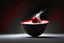 Placeholder: a highly detailed cinematic photograph of a single small red ball falling down in a black bowl of milk