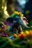 Placeholder: portrait of cute fluffy camo toy elephant jewelry in the room holding weird flowers in his trunk in the style of pixar, on a strange planet with weird colors and waterfalls, bokeh like f/0.8, tilt-shift lens 8k, high detail, smooth render, down-light, unreal engine, prize winning