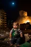 Placeholder: Palestinian baby , Destroyed Buildings , with a Explosions, at night