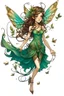 Placeholder: Forest fairy with iridesand teal wings and a cute short leaf dress and pointed ears and multiple vine earings and ear cuffs flying through a mythical forestand brown wavy hair trailing her