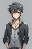 Placeholder: Black anime male, teenager body, short messy hair, black eyes, black jeans, relaxed smile, no bangs, straight hairline