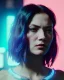 Placeholder: A beautiful portrait of a cyberpunk woman vary angry facing camera blue color scheme, high key lighting, volumetric light high details with white stripes and feathers unreal 5, octane render, cinema4d, dynamic lighting, dramatic lighting, 4k, redshift render, highly detailed, hyper realistic