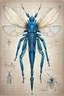 Placeholder: Hand drawn technical,full body illustration , with detailed blueprints and engineering schematics of a hybrid walking leaf insect biomechanical woman, with highly detailed facial features, drawings, and technical notation, 8k, vibrant natural colors