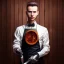 Placeholder: picture of man in front dark wooden wall, shiny fork and knifes on dinner table with cloth, fantasy art book cover