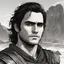 Placeholder: A portrait of Joaquin Phoenix in his early 30s, long beachy haircut, black hair, on a rocky island, in ebony armor from Skyrim, melancholic and dangerous facial expression, half-smiling, drawn in the style of ink manga sketch