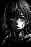 Placeholder: sad, black & white, disfigured anime girl with black background