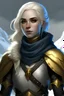 Placeholder: A portrait of a dnd character. it is a pale and tall women with golden-white hair. her face and bodytype are not typically female but rather almost male. her eyes glimm blue-golden. she stands in a snow landscape. her clothes are black and grey. she wears an armor. the armor is also black.