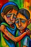 Placeholder: a girl hug her brother and both crying sadly, expressionism, Pixar style, in abstract art Basquiat, Picasso, Miro, Kandinsky, Klee, Birell, Fairey, Ardon, Buffet aand Picasso style, HD --s 750 --v 5.1 --style raw, water color