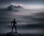 Placeholder: fog as Ninja portrait, black suit, in the night Alps, angels background, volumetric red light, high detail, dark leaf tree, dark mountains in background, perfect, HR Giger style, holding a sword, fighting, cinematic