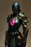 Placeholder: warforged, female, powered-armor, combat-armor, power-armor, pink crystal embedded in chest, slender-frame, lithe, beautiful, humanoid, gold-armor, black-armor, black-hair, DnD, Dungeons and Dragons, Faceless helmet, paladin, black armor, silver embroidery.