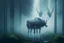 Placeholder: moose with exoskeleton in lush misty forest