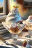 Placeholder: Beautiful ice-cream sundaes on a modern kitchen counter, on embroidered lace, Hyper realistic, oil on canvas award winning fantastic view ultra detailed acrylic art Ultra realistic Impressionism Surrealism simen johan, sharp focus intricate oil on canvas cinematic lighting photorealistic high detail ultra detailed crisp quality in sunshine