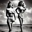 Placeholder: Brigitte Bardot on the beach in a 1940's style retro outfit. Paparazzi taking photos