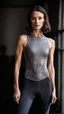 Placeholder: photography of a beautiful anorexic woman, grey satin triathlon top, brunette wavy bob haircut, pronounced sternum, flat chest, grey satin cycling leggins