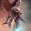 Placeholder: Wonder woman fighting a giant insect monster, futuristic design, a paradise in background, close-up face, geometric armor, female face, 3d unreal engine, black face, close up armor, church detail, lovely face