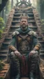 Placeholder: close up portrait of a happy blessed ancient magical king mad max soldier standing on a throne in a space alien mega structure with stairs and bridges woven into a sacred geometry knitted tapestry in the middle of lush magic forest, bokeh like f/0.8, tilt-shift lens 8k, high detail, smooth render, down-light, unreal engine, prize winning