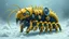 Placeholder: A hyper-realism fusion of organic and Neumorphism elements, depicting a fully blue yellow centipede mecha-larva. Its intricate mechanisms are driven by interlocking gears and complex mechanical teeth embedded throughout its massive frame. The larva's mane is ingeniously replaced with a rotating gear system, amplifying its cybernetic presence. With hyper-techno aesthetics, it prowls silently through the dense, mist-laden snow ice land