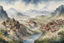 Placeholder: fantasy watercolor painting of large walled village with Mongolian empire architecture in a forested river valley surrounded by wooded hills with a vast plain in the distance