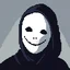 Placeholder: 16 bit pixelart of a shadow figure with a white smooth wide smiling mask, no nose, no nose holes, no nostrils