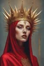 Placeholder: lady in red veils her face and has a large golden spiked crown, in the style of celestial fasion, otherworldly beauty, davide sorrenti, celestialpunk, album covers, fra angelico, aykut aydogdu, queencore, golden age aesthetics --s 750 --v 6. 0 --ar 10:13