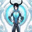 Placeholder: An handsome alien with messy black hair, blue eyes, and horns stepping out of a portal wearing futuristic clothes, colored manga style, intricately detailed