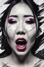 Placeholder: paper portrait of Goth Asian woman, lying pose, face distorted with pain, reverse colors, screaming, tears streaming from eyes, glitchcore, horror, ultra realist texture,