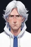 Placeholder: Anime man with glasses, messy white hair, wearing a hooded sweatshirt, realistic