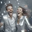 Placeholder: photograph of A happy man and woman with silver confetti and silver outfit