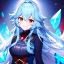 Placeholder: Clear focus, 8k, beautiful lighting, vibrant colors, girl, light blue hair, long hair, vibrant red eyes, messy hair, angry, smile, ice magic,