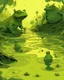 Placeholder: A light yellowish dark green swamp with bugs in daylight painted 3 people’s heads of humans coming out of the water with a big frog