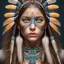 Placeholder: war painted pueblo Indian female,detailed eyes, blue eyes,, disturbed expression.intricate detailethnically accurate face, intricate head dress, detailed make-up, detailed turquoise jewelry, detailed hair, detailed feathers, use dynamic palette, accurate proportions, high contrast black smokey bokeh background.alphonse mucha style