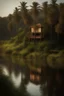 Placeholder: image related to house in the wood by a river bank. Palm Tree on the river bank