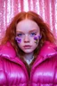 Placeholder: Autochrome of sadie sink, she has flowers on her face, her eyelashes are purple and very long, she is wearing a shiny pink puffer coat, ,the light is pink, à pink curtain in the background with glitter