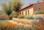 Placeholder: Sunny day, mountains, distant adobe house, flowers, spring trees, stone wall, spring, ludwig dettman and friedrich eckenfelder impressionism paintings