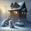 Placeholder: SAD, SCARED, LONELY DOG TIED UP OUTSIDE WITH A HOUSE IN BACKGROUND, WINTER, 8k resolution, high-quality, fine-detail, intricate, digital art, detailed matte, volumetric lighting, illustration, 3D octane render, brian froud, howard lyon, selina french, anna dittmann, annie stokes, lisa parker, greg rutowski