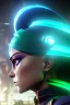 Placeholder: Futuristic female soldier, physically fit, green hair, blue eyes, intricate eyeliner, vibrant eyeshadow, clear completion, soft lighting, 4k resolution, intricate details, insanely detailed, colorful cityscape background, masterpiece, expert, cinematic smooth, retroanime style, realistic details, no helmet