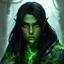 Placeholder: A digital illustration shoot from a portrait camera angle about a portrait of a young orc woman with green skin. In the middle of the image, a 20 years old orcish woman, appears to be looking at the viewer lost in thought. she has long black hair, red eyes, and is wearing armour. Fantasy, skyrim, magic